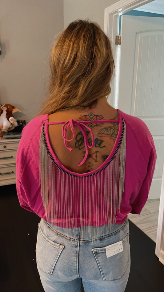 Magenta Fringe Tie Back Crop