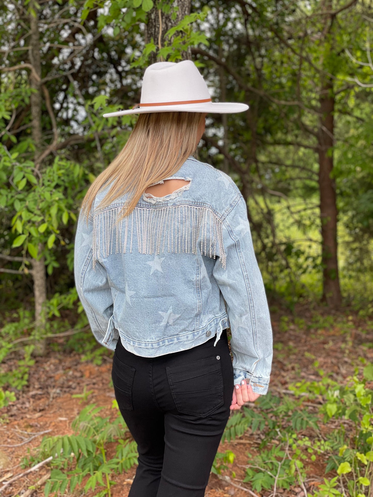 Seeing Stars Distressed Denim Rhinestone Fringe Jacket