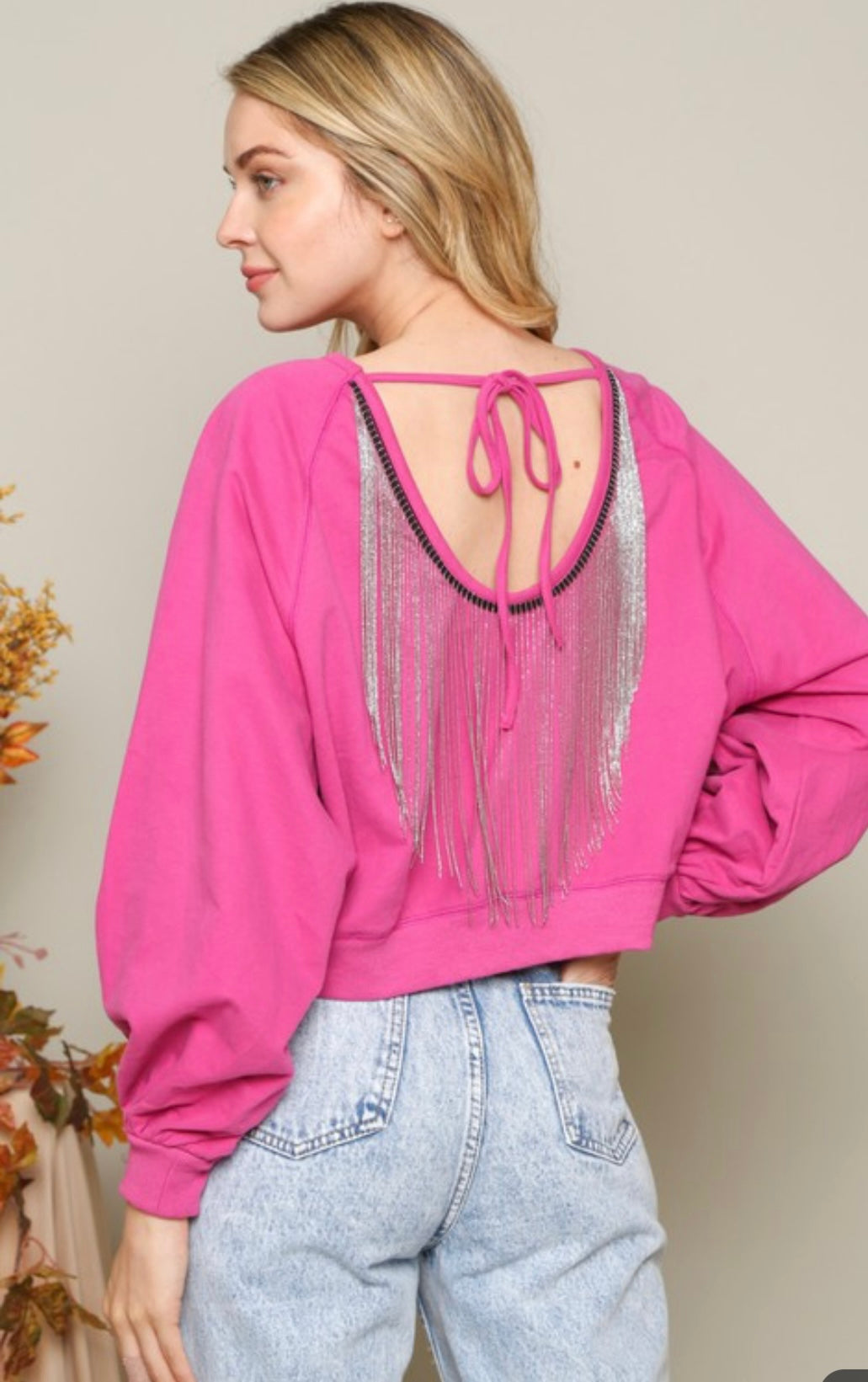 Magenta Fringe Tie Back Crop