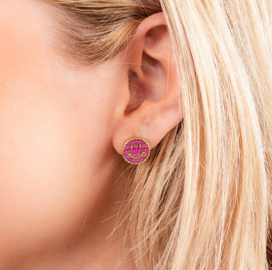 Smiley Face Leather Earrings (Pink)