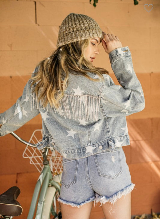 Seeing Stars Distressed Denim Rhinestone Fringe Jacket